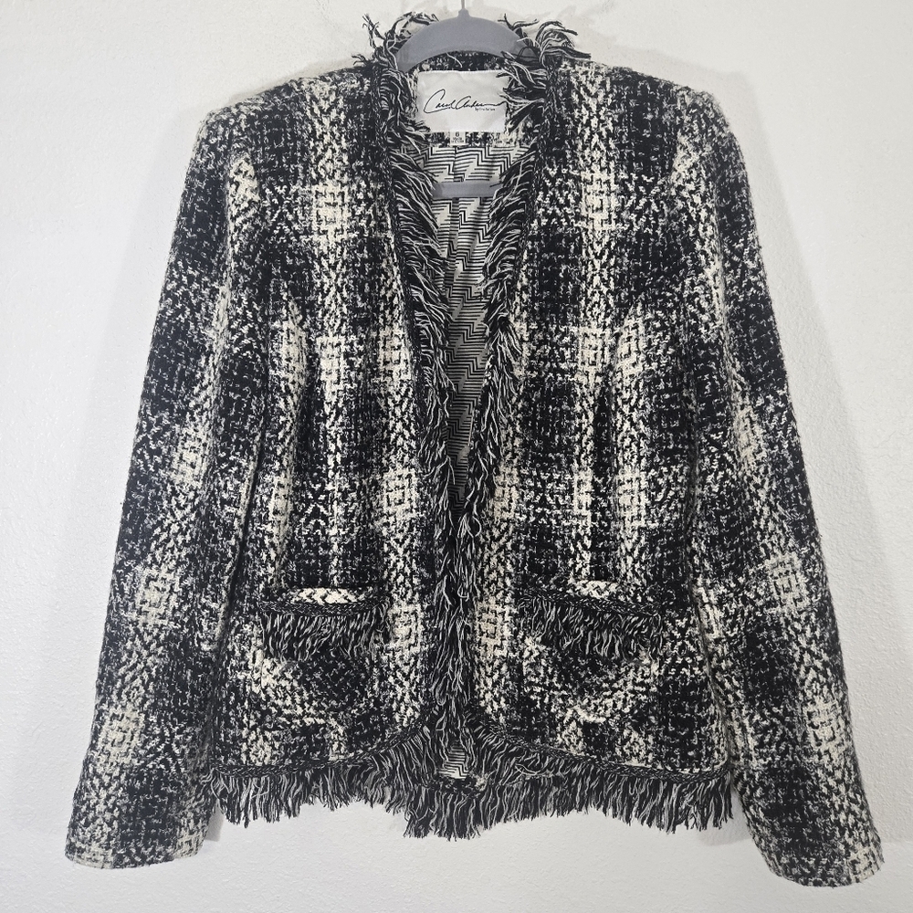 Cabi Black & White Tweed Fringe Blazer